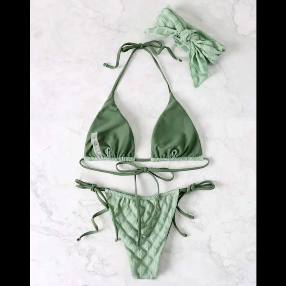 3pack Textured Halter Triangle Thong Bikini Swimsuit With
Bandana👙✨ - Picture 2 of 7